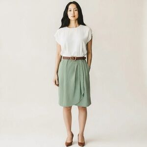 Vintage Cream and Sage Green Color Block Sheath Dress with Button Detail